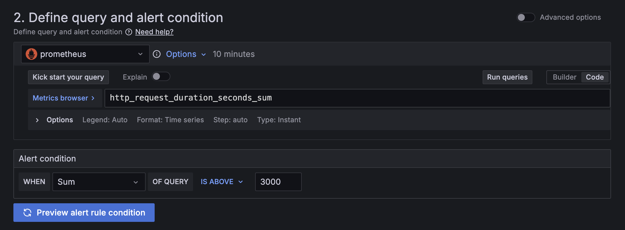 Alert query using the Prometheus query editor and alert condition Alert query using the Prometheus query editor and alert condition