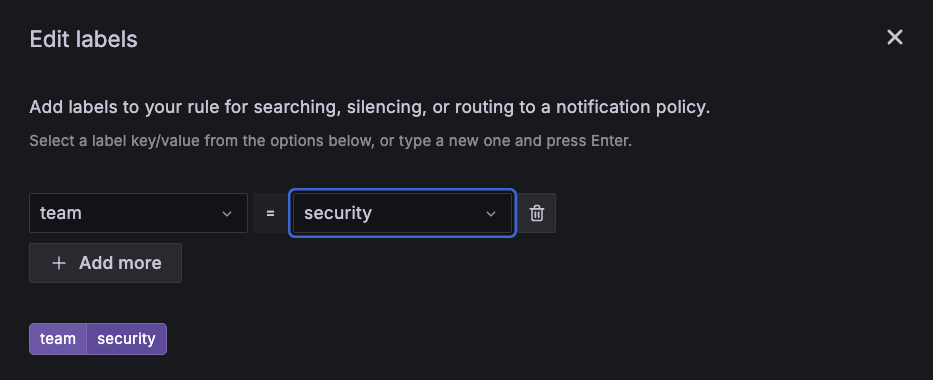 Edit labels UI in the alert rule configuration.