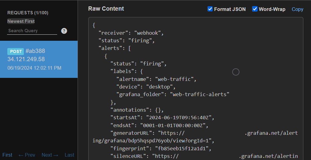Exploring alert notification details in webhook endpoint Screenshot showing the exploration of alert notification details in a webhook endpoint, displaying the content and structure of the alert payload received by the endpoint