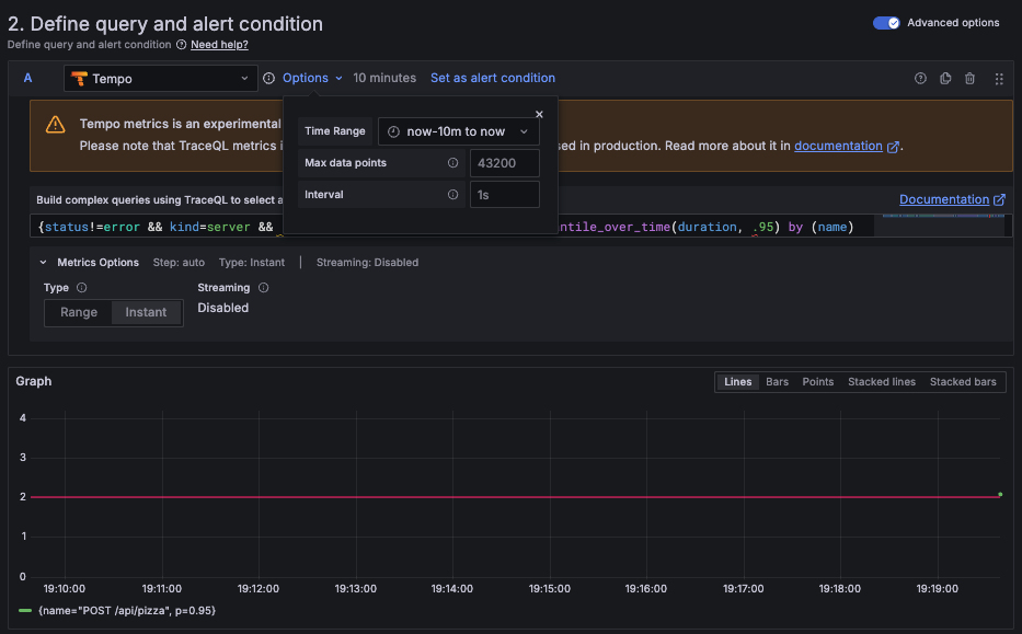 Time range configuration for TraceQL alert rule