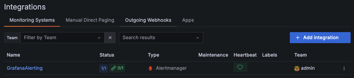 Heartbeat status column in the Grafana IRM Integrations page Heartbeat status column in the Grafana IRM Integrations page