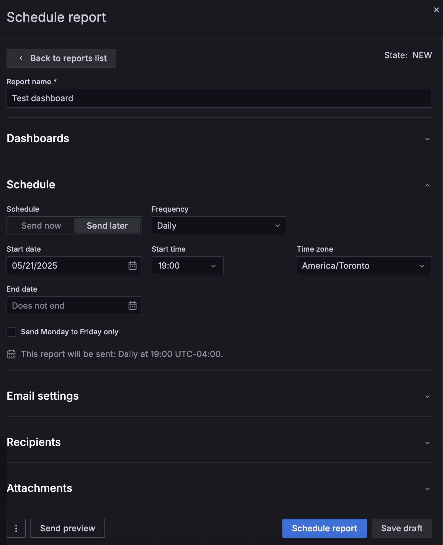 The report configuration screen