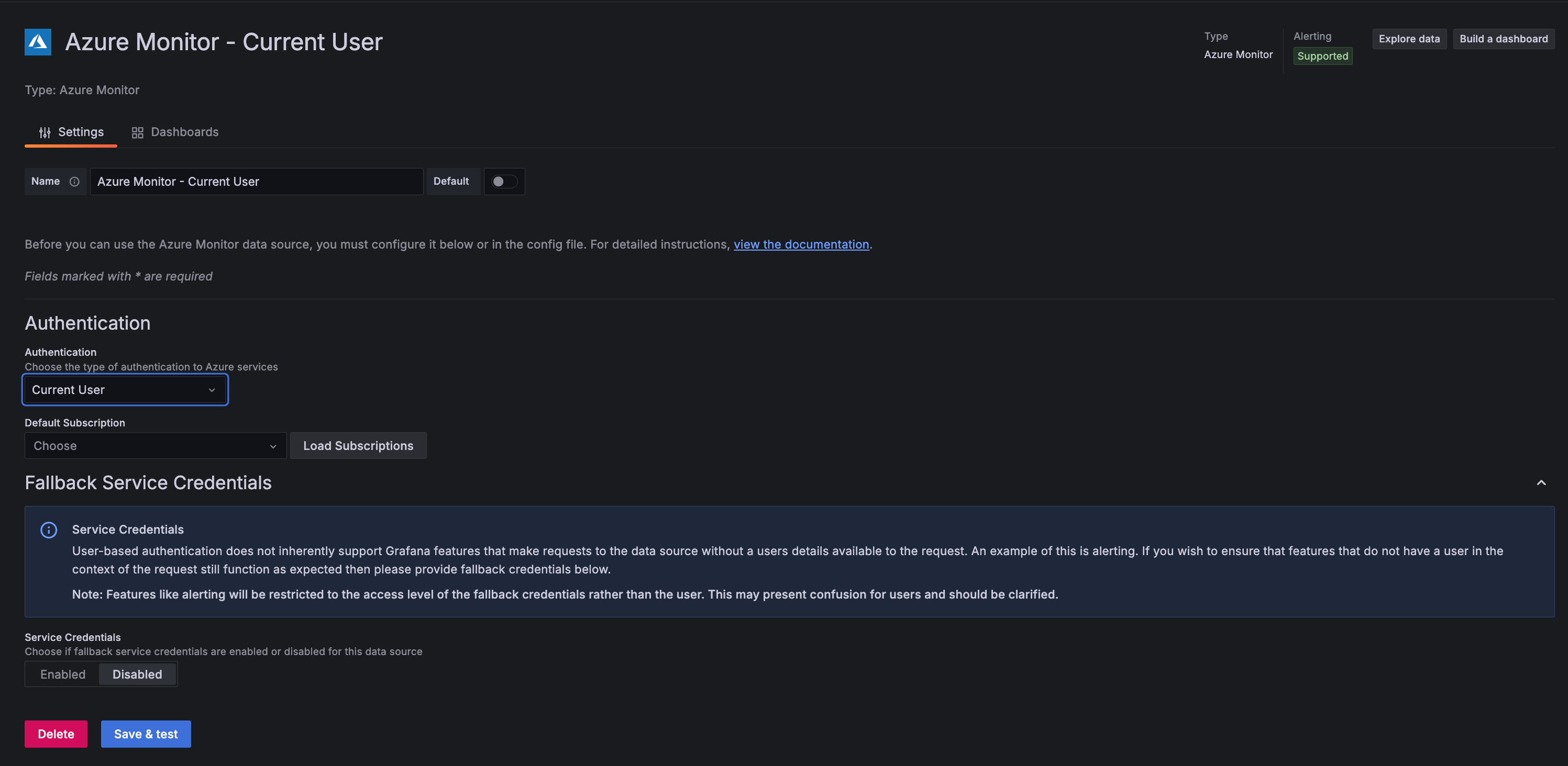 Azure Monitor screenshot showing Current User authentication Azure Monitor screenshot showing Current User authentication