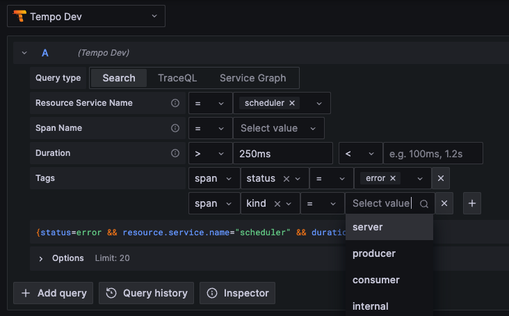 Tempo Search editor powered by TraceQL Tempo Search editor powered by TraceQL