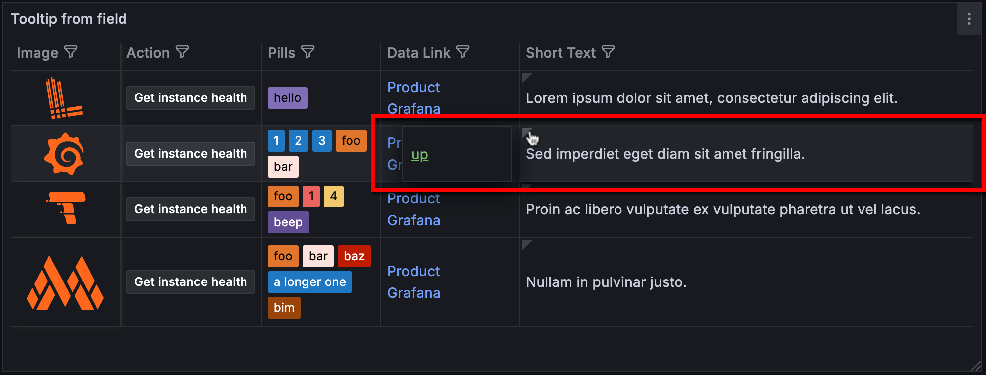 Info field value in the tooltip of the Short text cell upon hover