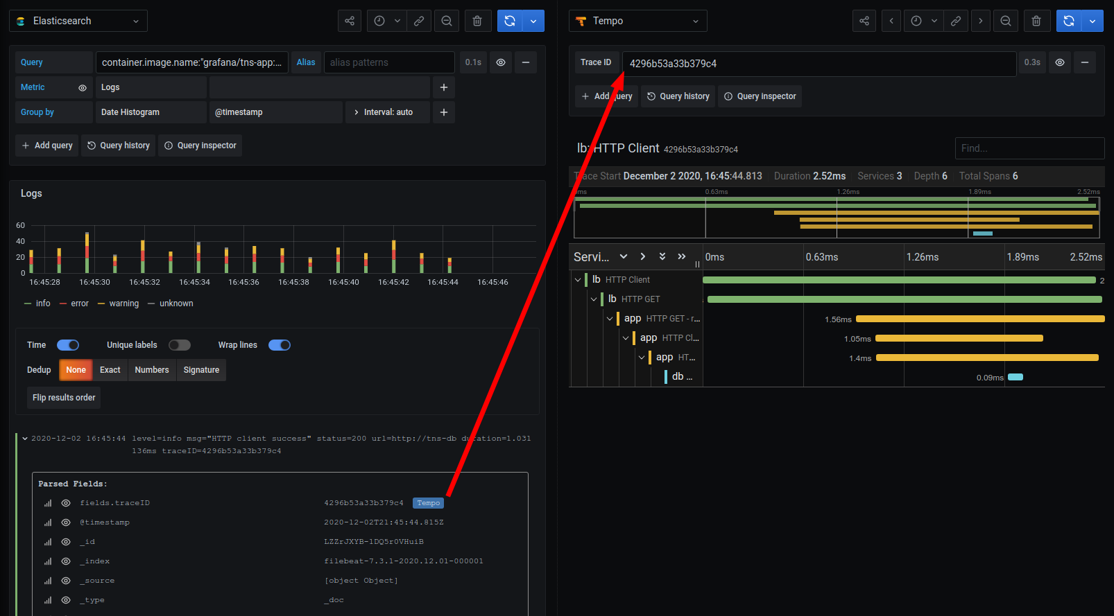 Logs to Traces visualization